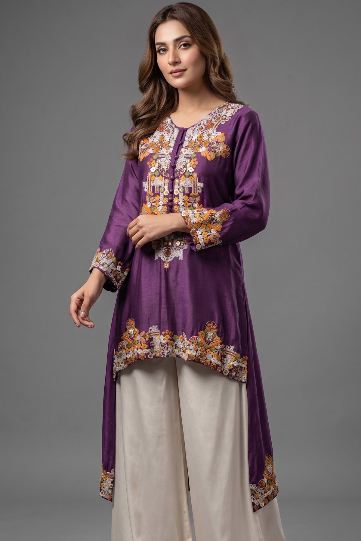 Purple Raw Silk Mirror and Thread Embroidered Top with Draped Skirt - red silk saree embroidered