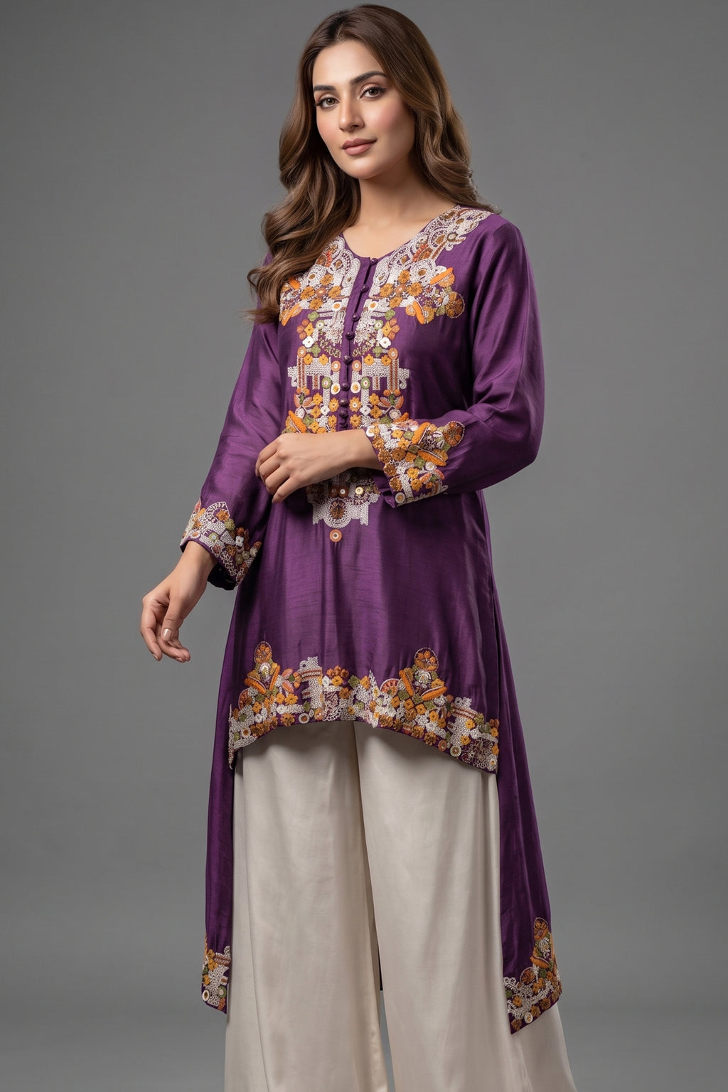 Purple Raw Silk Mirror and Thread Embroidered Top with Draped Skirt - red silk saree embroidered