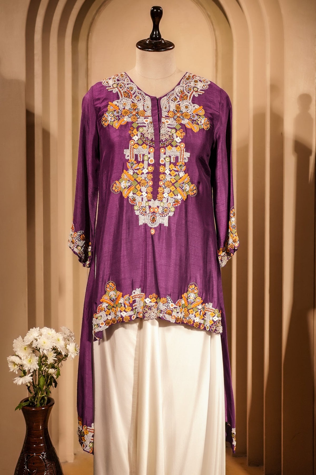 Purple Raw Silk Mirror and Thread Embroidered Top with Draped Skirt - red silk saree embroidered