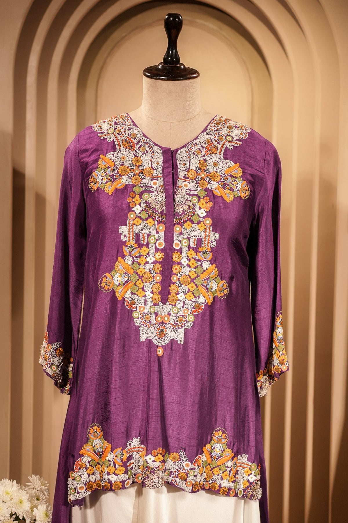 Purple Raw Silk Mirror and Thread Embroidered Top with Draped Skirt - red silk saree embroidered
