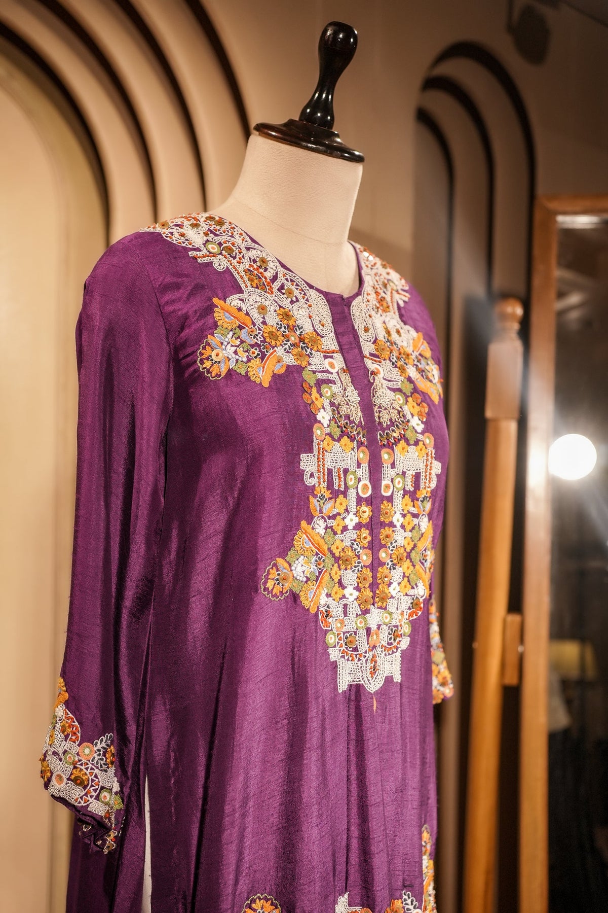 Purple Raw Silk Mirror and Thread Embroidered Top with Draped Skirt - red silk saree embroidered