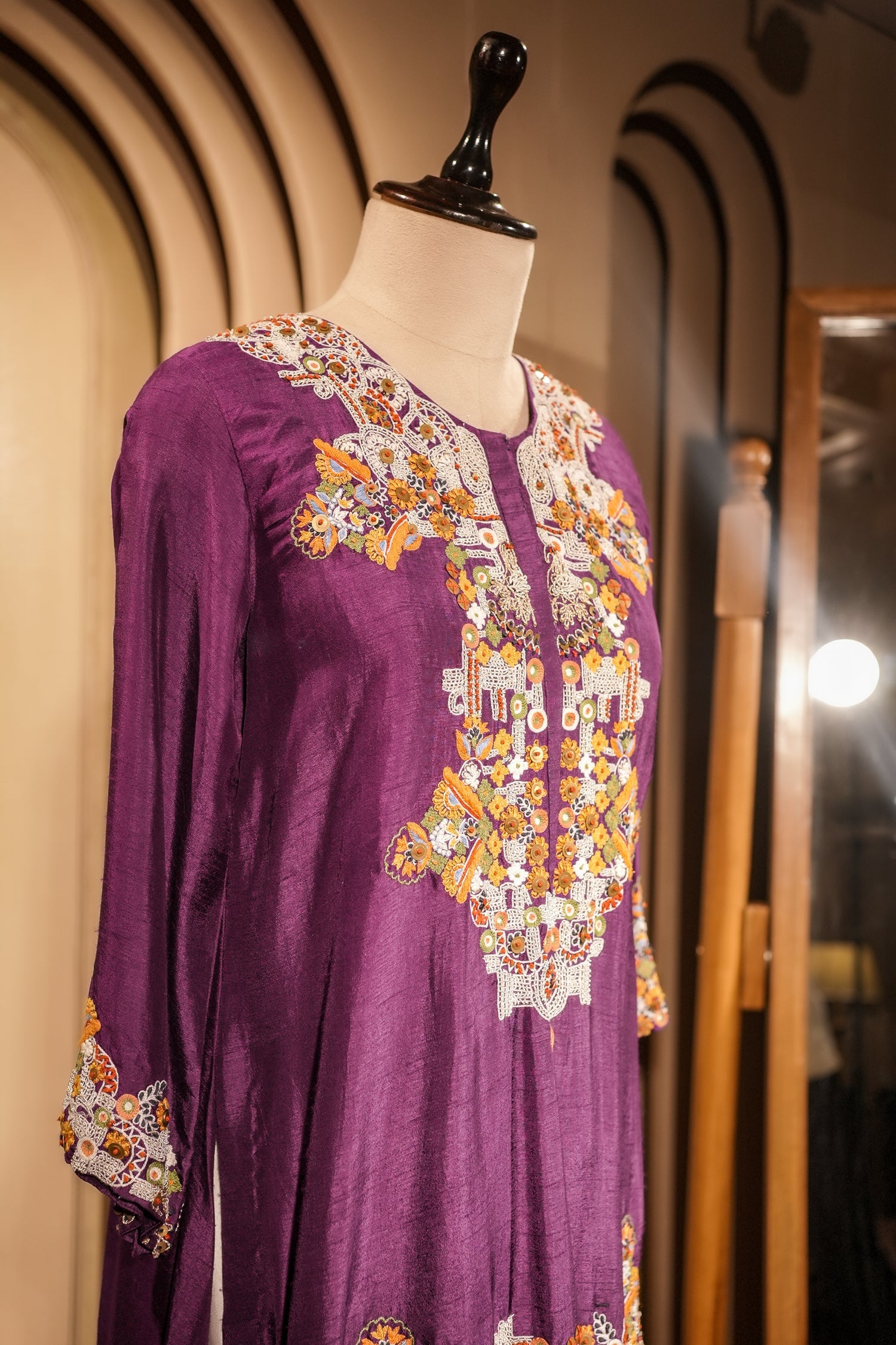 Purple Raw Silk Mirror and Thread Embroidered Top with Draped Skirt - red silk saree embroidered