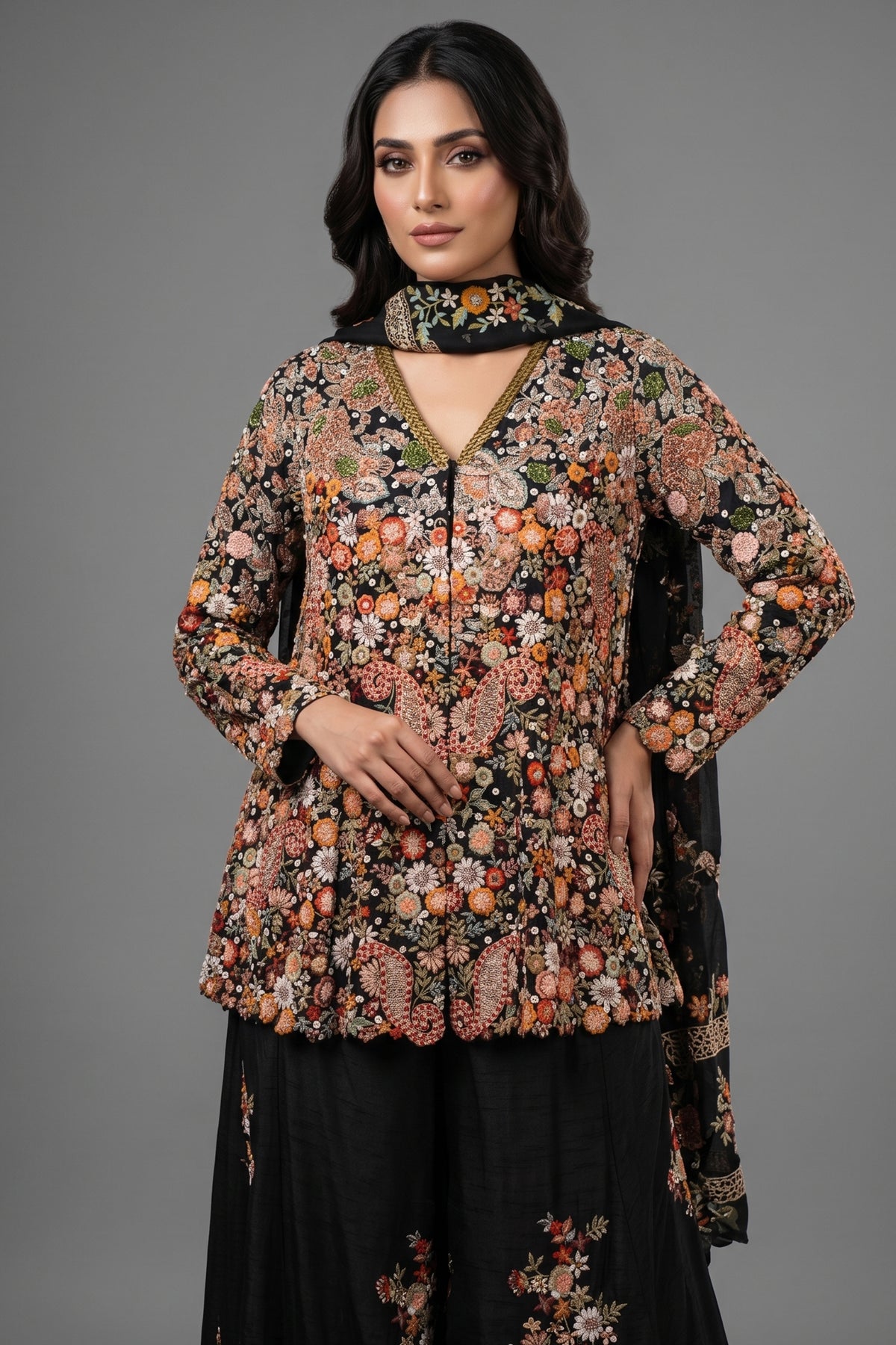 Black Raw Silk Embroidered Palazzo Suit - red silk saree embroidered