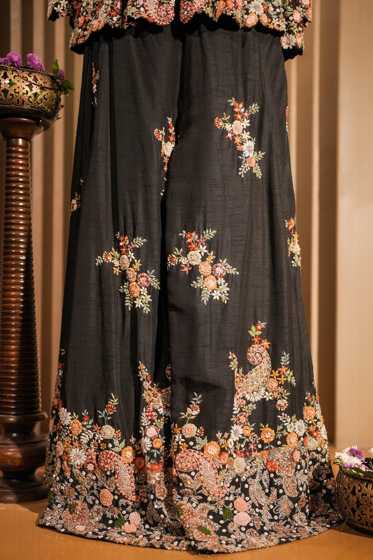 Black Raw Silk Embroidered Palazzo Suit - red silk saree embroidered