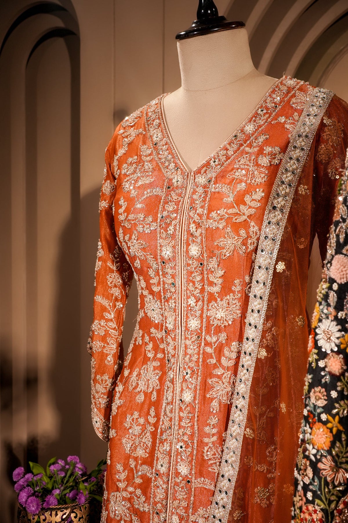 Orange Tissue Silk Sequin Embroidered and Mirror Worked Palazzo Suit - red silk saree embroidered
