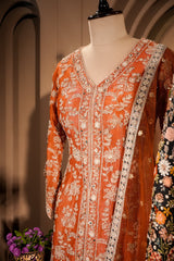 Orange Tissue Silk Sequin Embroidered and Mirror Worked Palazzo Suit