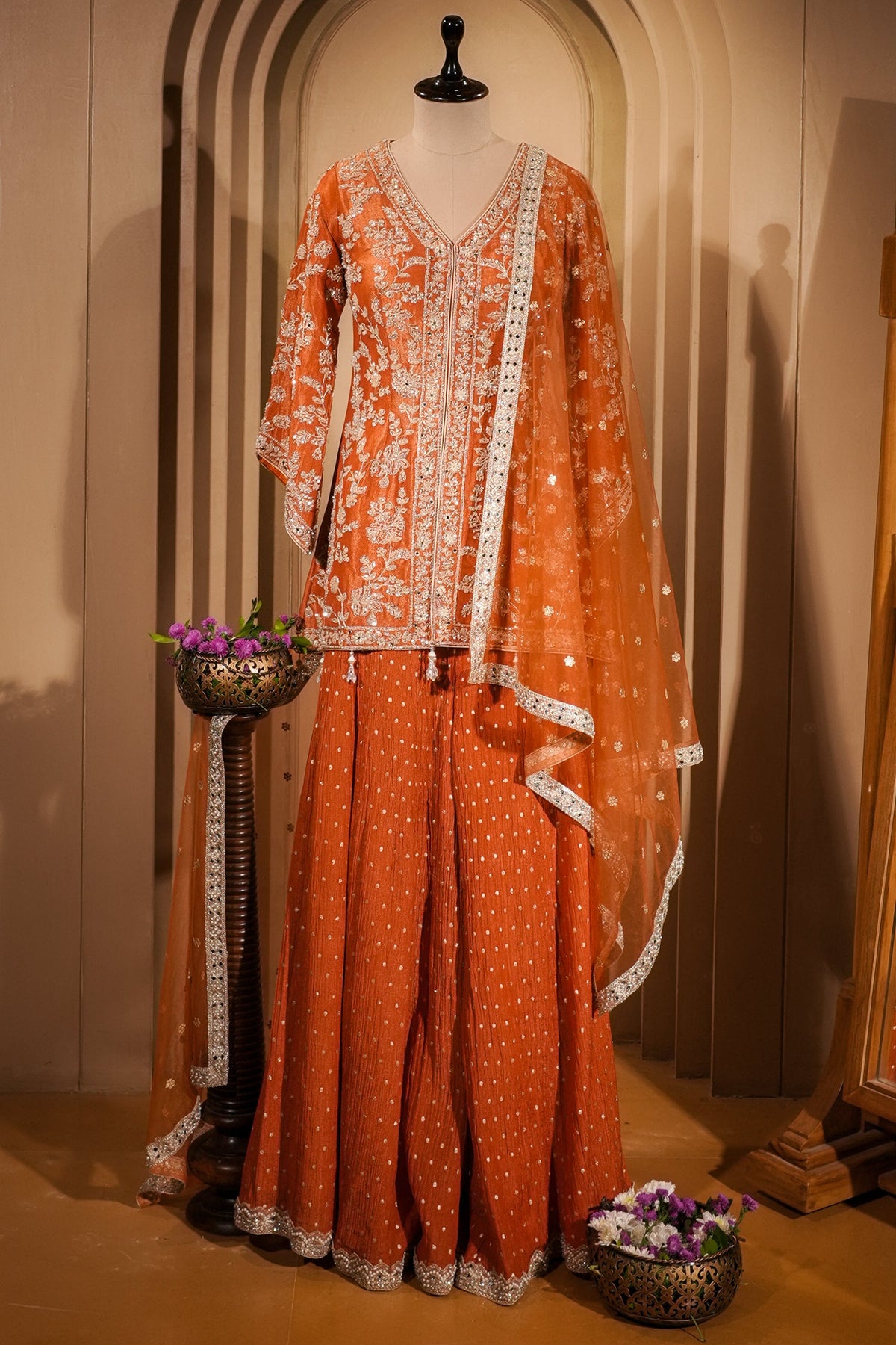 Orange Tissue Silk Sequin Embroidered and Mirror Worked Palazzo Suit - red silk saree embroidered