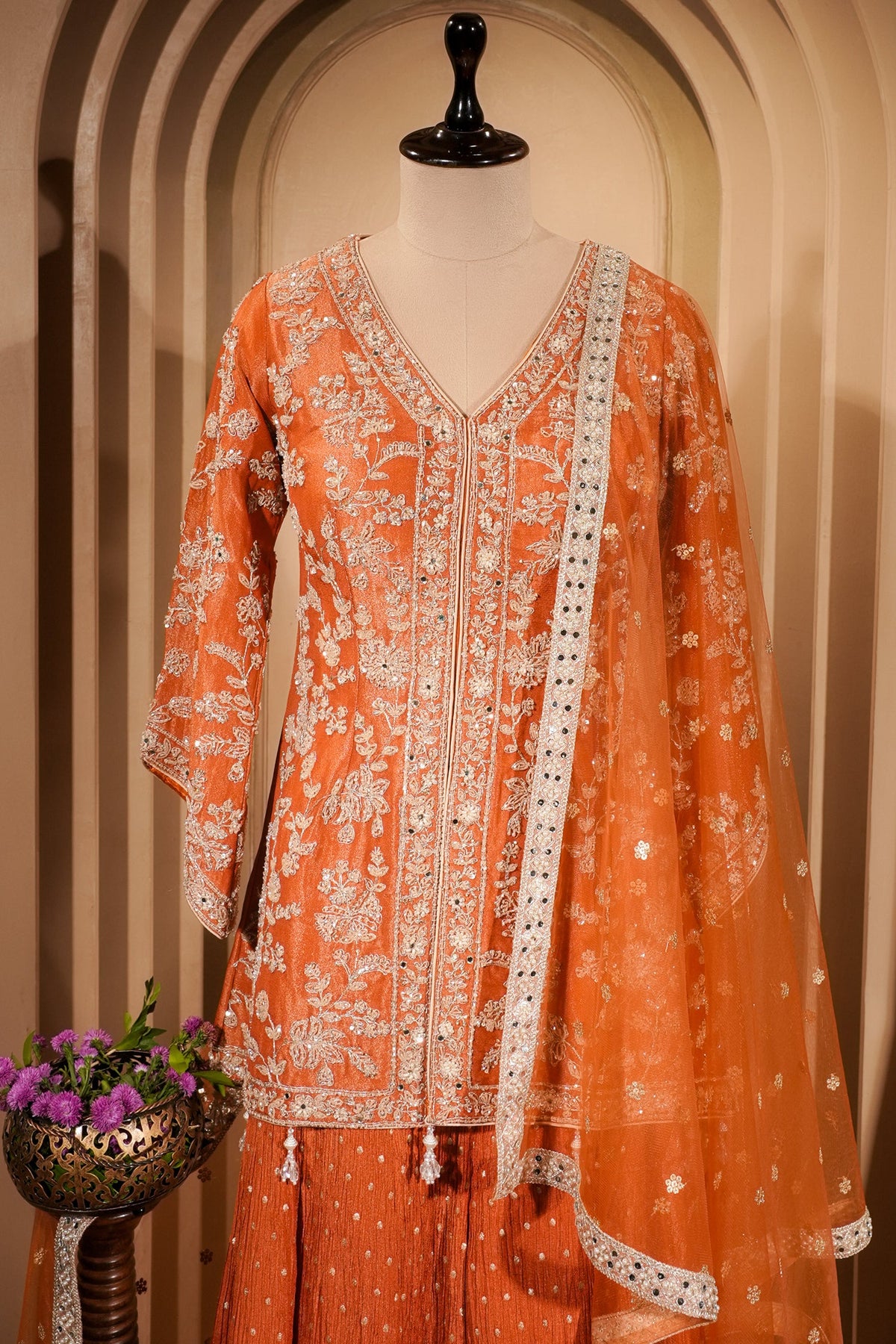 Orange Tissue Silk Sequin Embroidered and Mirror Worked Palazzo Suit - red silk saree embroidered