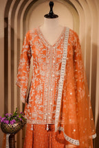 Orange Tissue Silk Sequin Embroidered and Mirror Worked Palazzo Suit - red silk saree embroidered