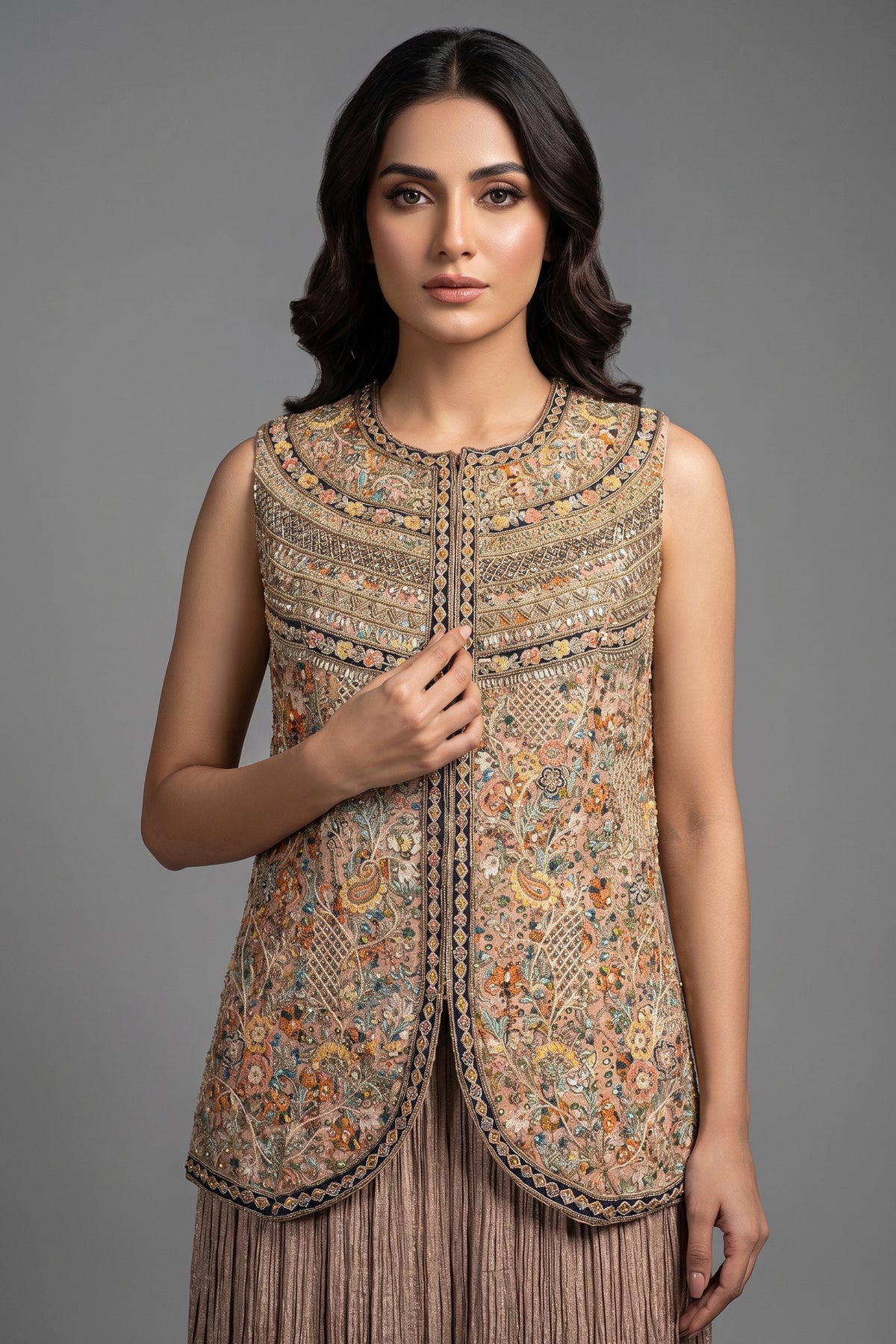 Peach Silk Printed Co-Ord Set Sequins Embroidery - peach silk saree embroidery