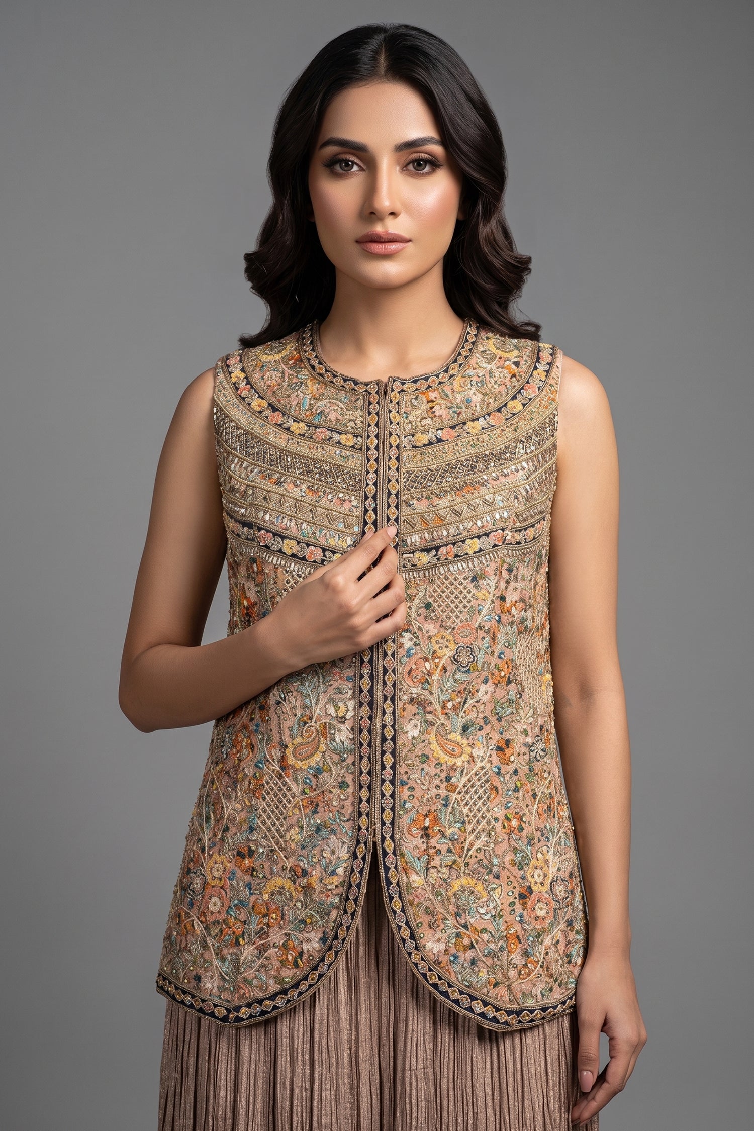Peach Silk Printed Co-Ord Set Sequins Embroidery - peach silk saree embroidery