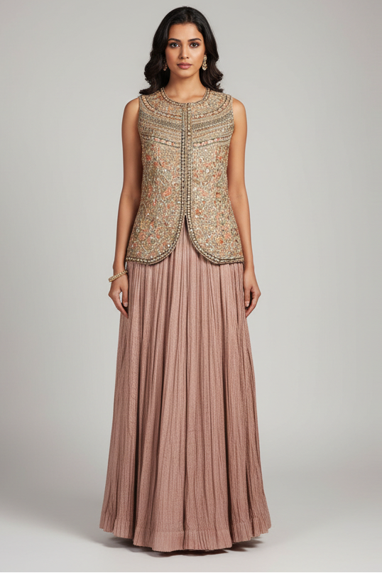 Peach Silk Printed Co-Ord Set Sequins Embroidery - peach silk saree embroidery
