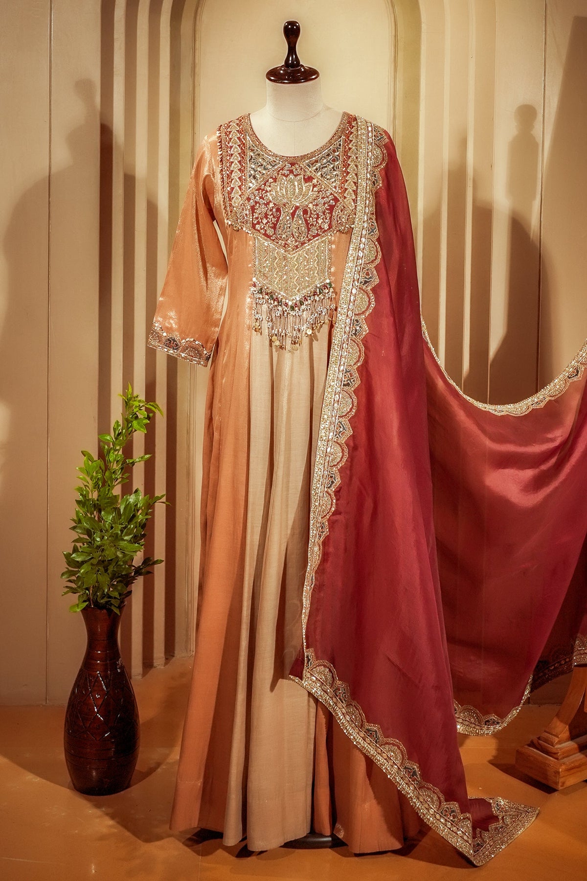 Golden Tissue Silk Zardosi and Sequin Worked Anarkali Suit - gold silk saree