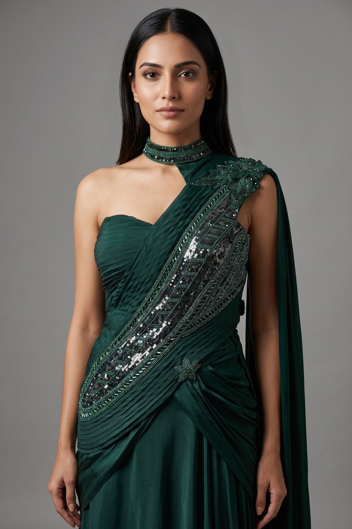 Bottle Green Chinon Silk Indo Western Set - green silk saree
