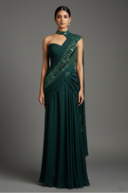 Bottle Green Chinon Silk Indo Western Set - green silk saree