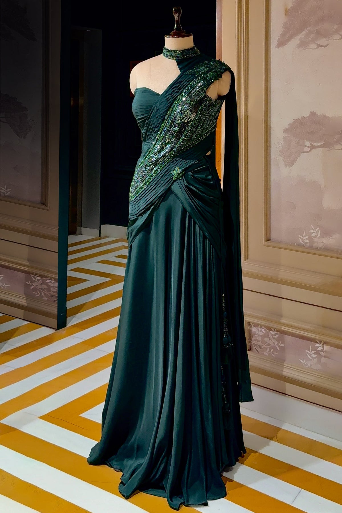 Bottle Green Chinon Silk Indo Western Set - green silk saree