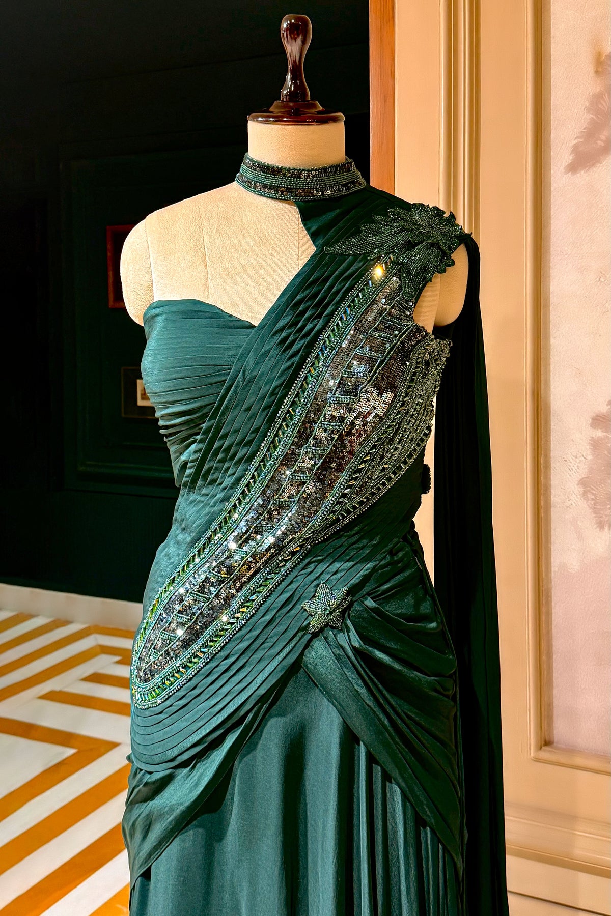 Bottle Green Chinon Silk Indo Western Set - green silk saree