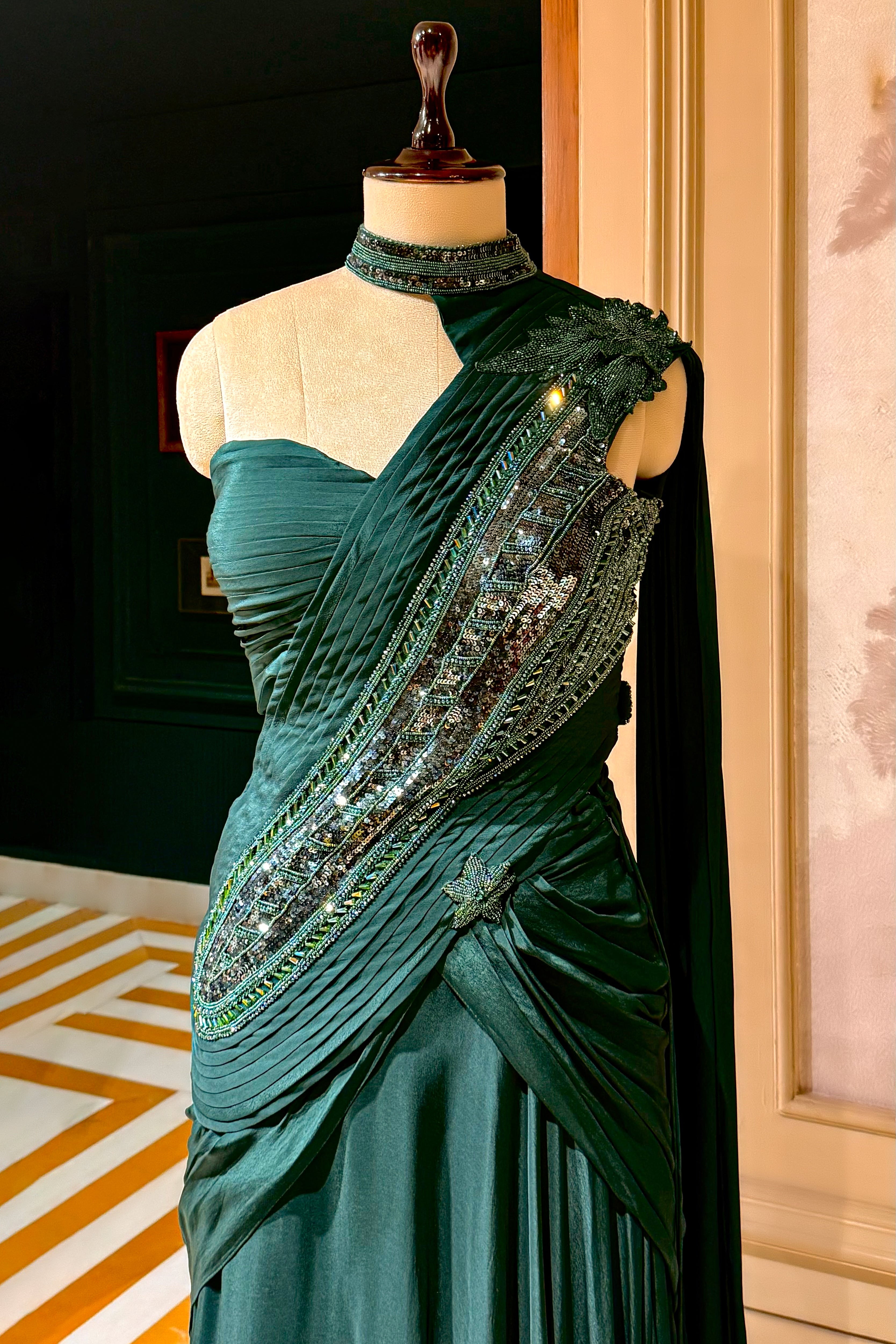 Bottle Green Chinon Silk Indo Western Set - green silk saree