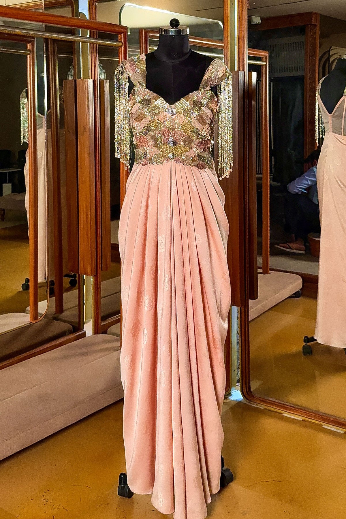 Pink Improted Sequin Cutdana Worked Fusion Gown - pink saree