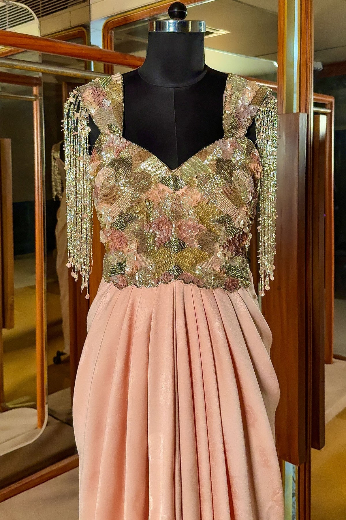 Pink Improted Sequin Cutdana Worked Fusion Gown - pink saree