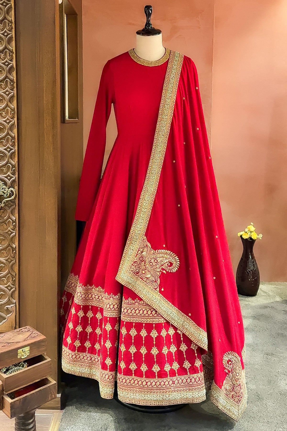 Maroon Matka Silk Anarkali Suit with Sequin Embroidery Work - maroon silk saree embroidery