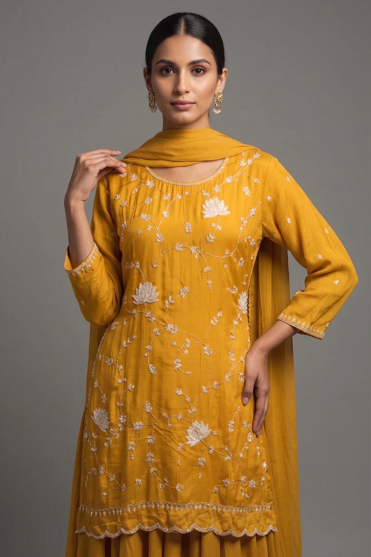 Mustard Satin Organza Gota Worked Lehenga Suit - mustard satin saree