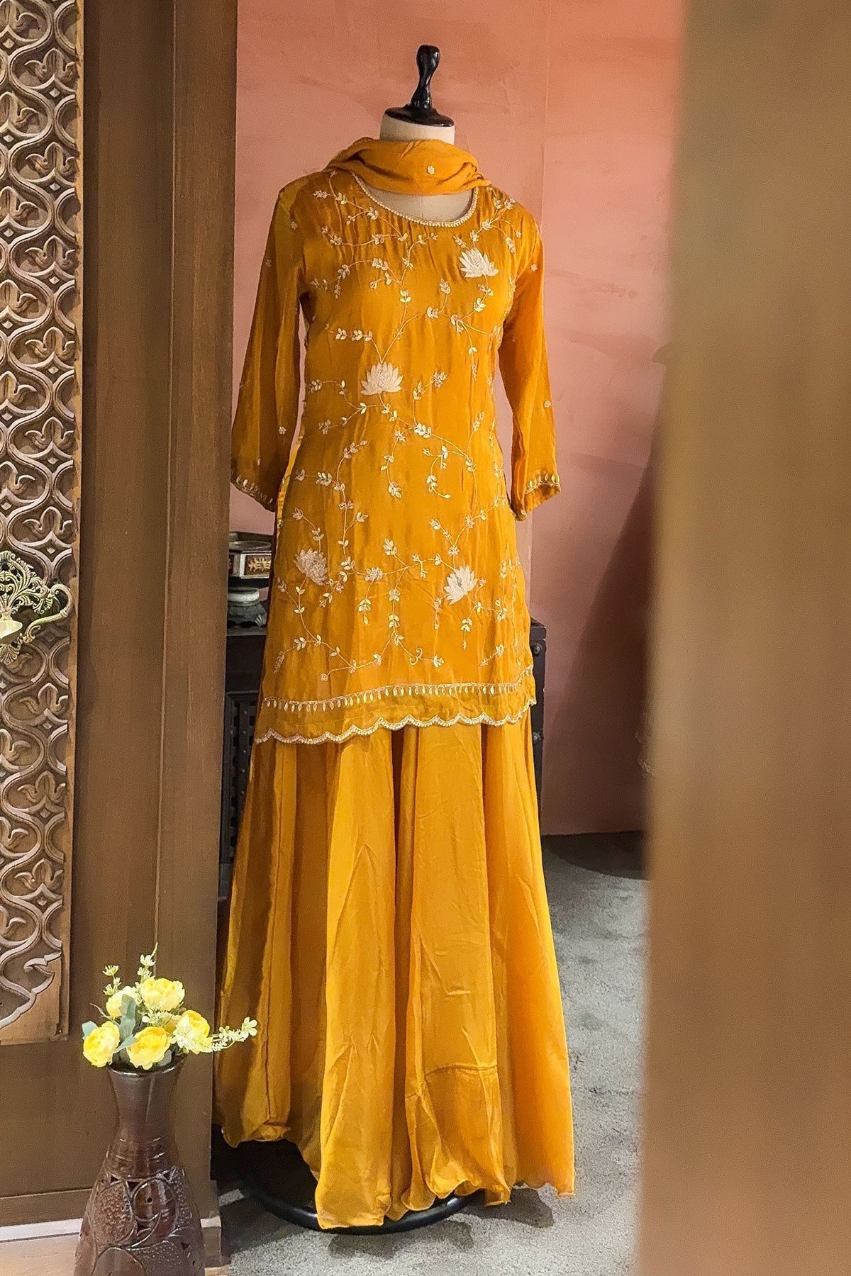 Mustard Satin Organza Gota Worked Lehenga Suit - mustard satin saree