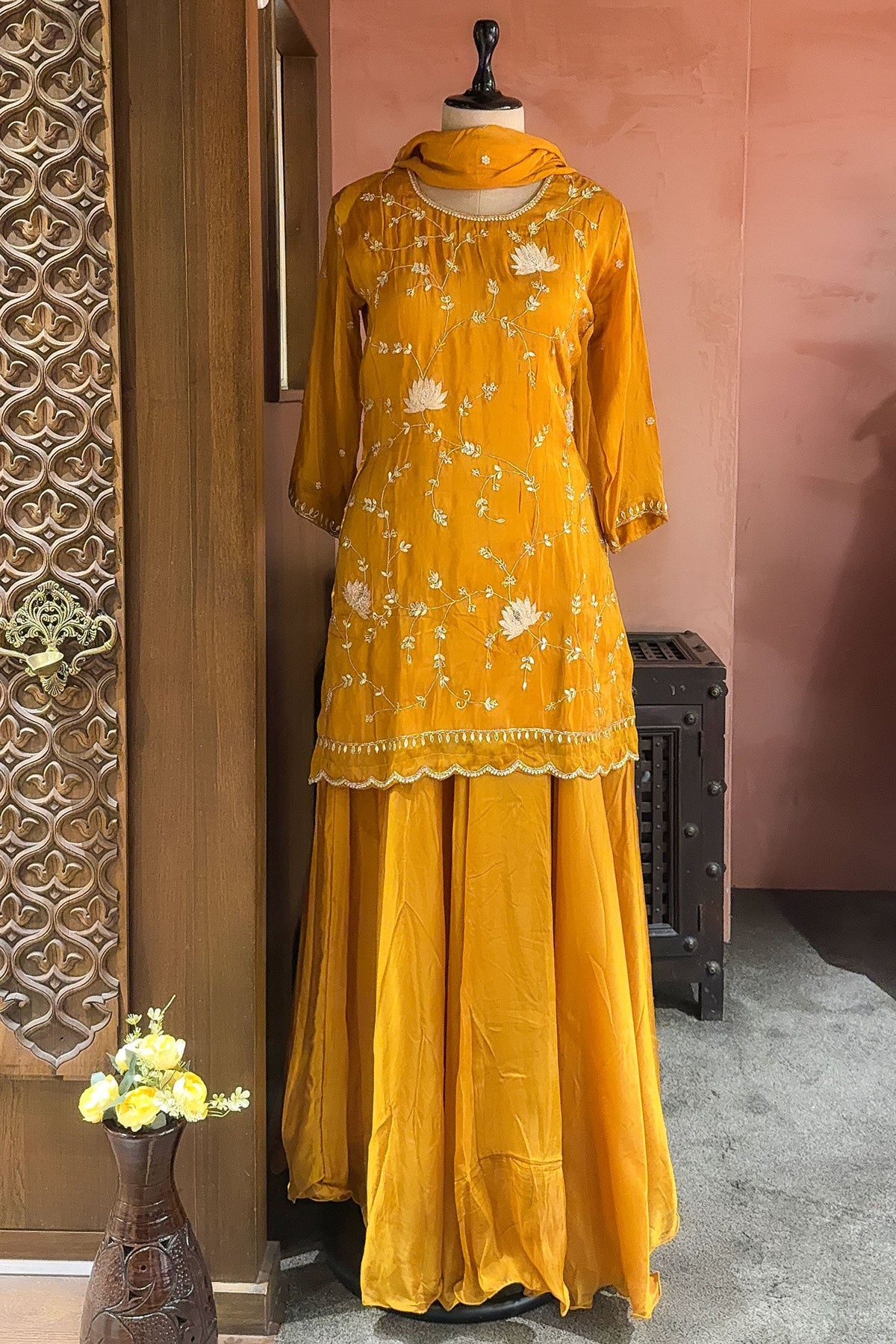 Mustard Satin Organza Gota Worked Lehenga Suit - mustard satin saree