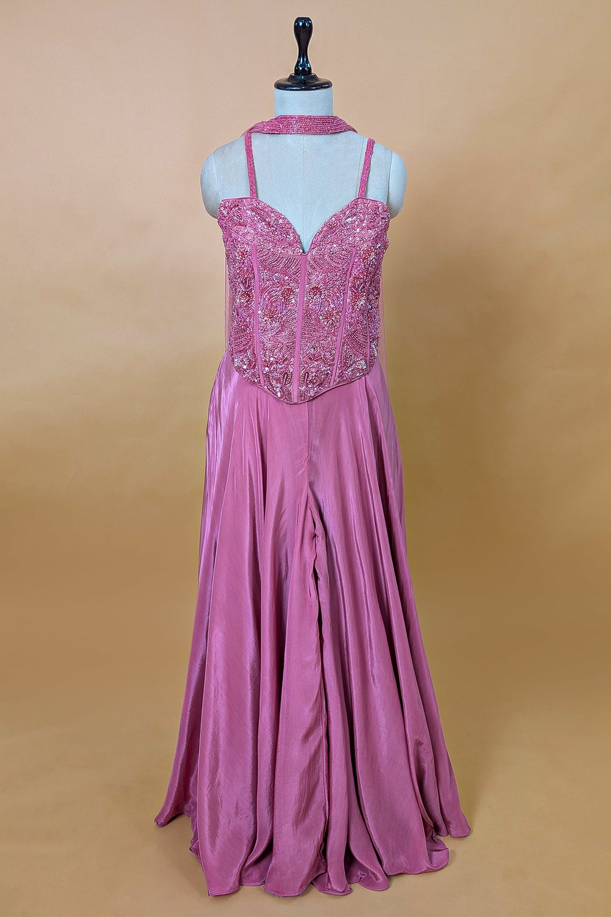 Mauve Pink Net Beaded and Cutdana Worked Corset Palazzo Set - pink net saree