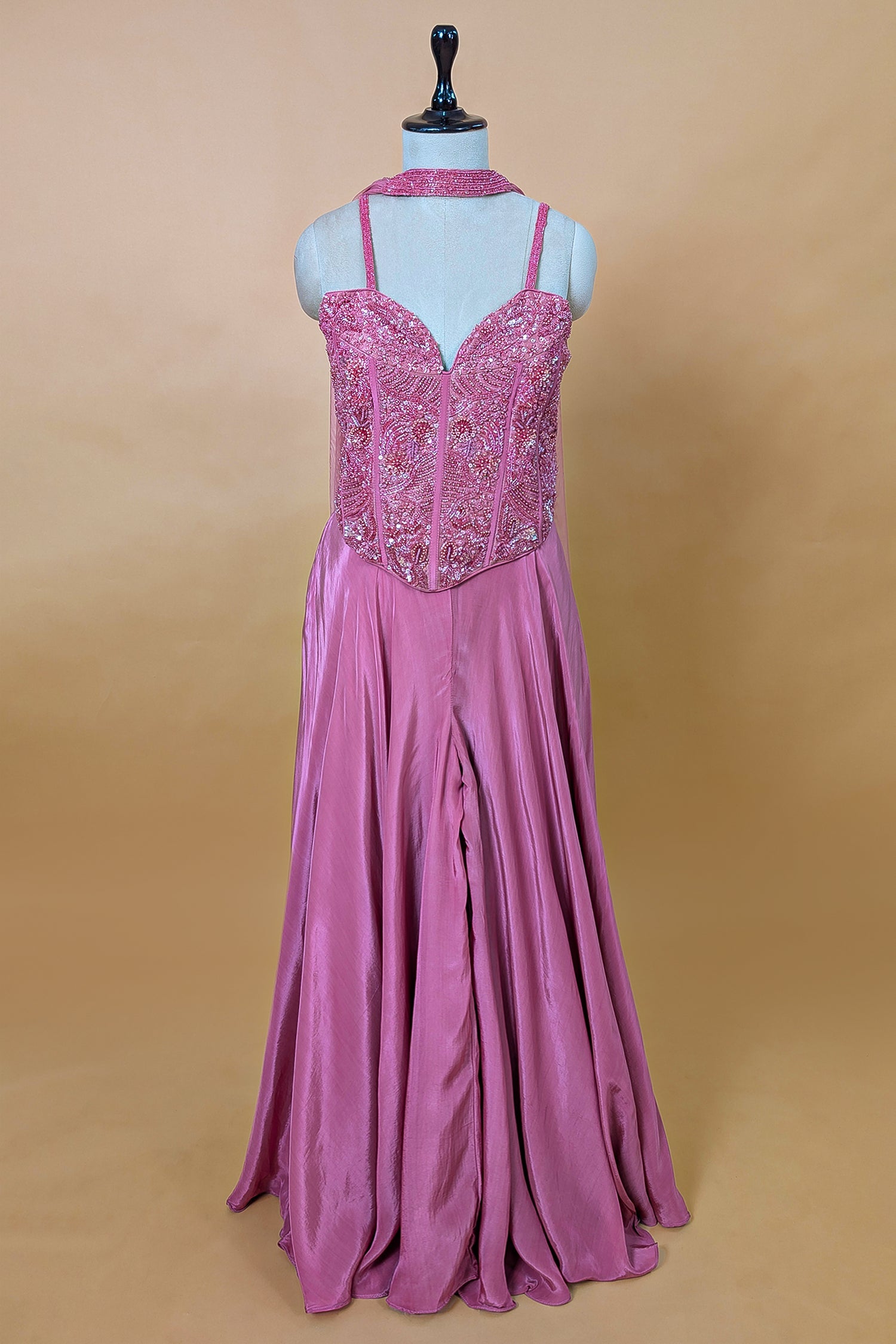 Mauve Pink Net Beaded and Cutdana Worked Corset Palazzo Set - pink net saree