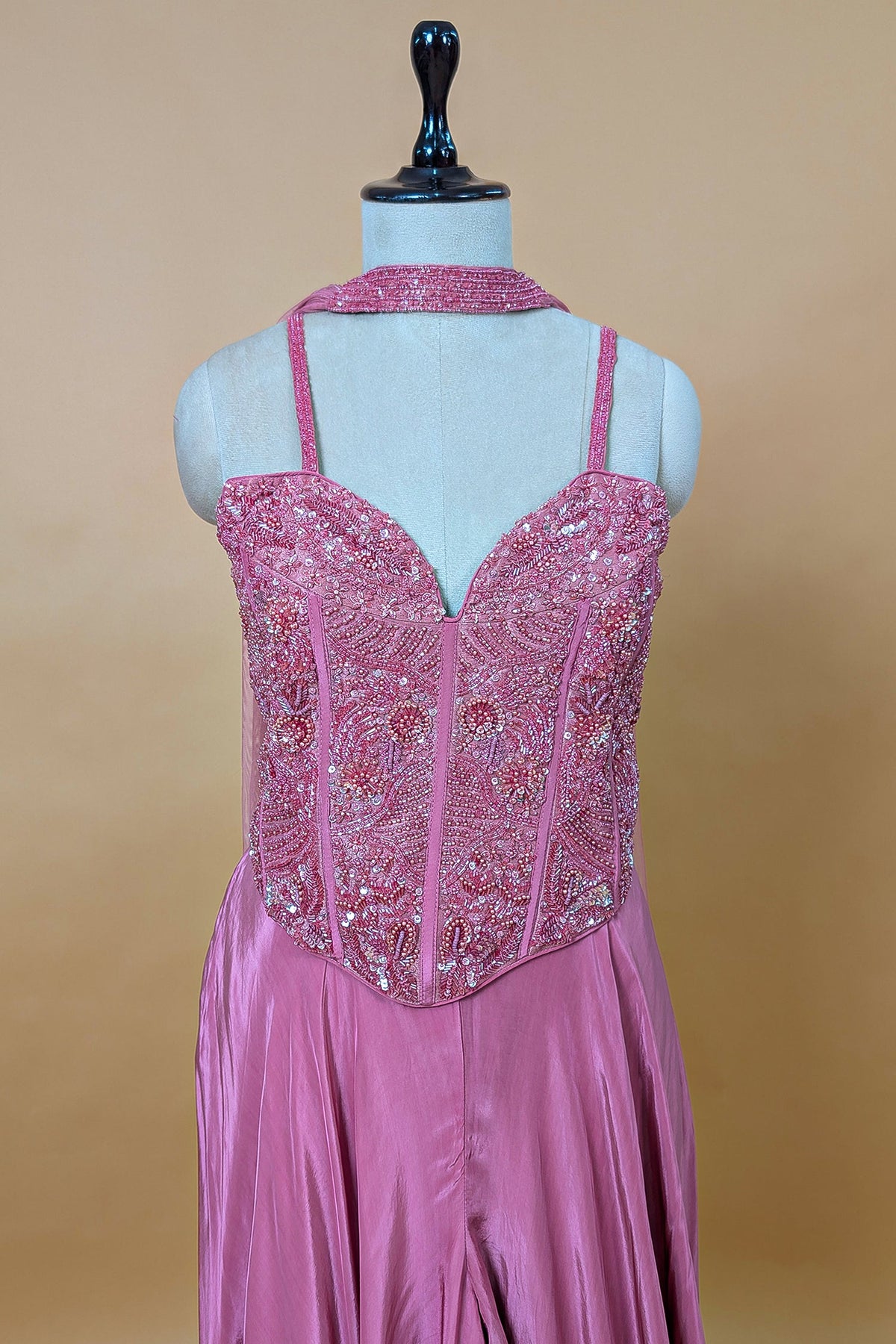 Mauve Pink Net Beaded and Cutdana Worked Corset Palazzo Set - pink net saree