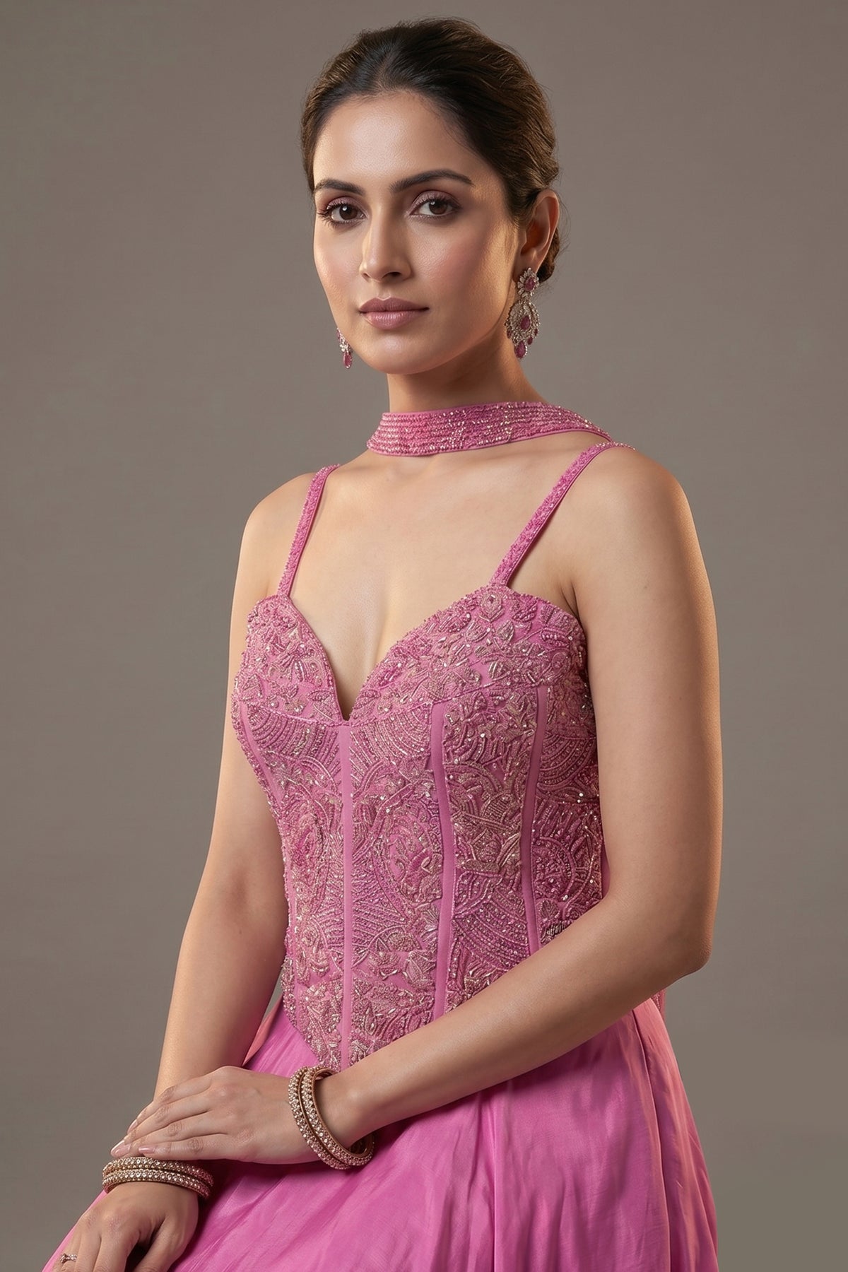 Mauve Pink Net Beaded and Cutdana Worked Corset Palazzo Set - pink net saree