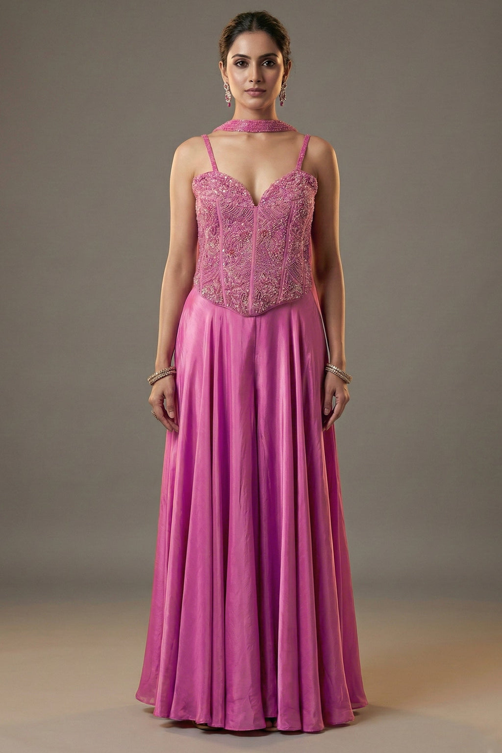 Mauve Pink Net Beaded and Cutdana Worked Corset Palazzo Set - pink net saree
