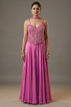 Mauve Pink Net Beaded and Cutdana Worked Corset Palazzo Set - pink net saree