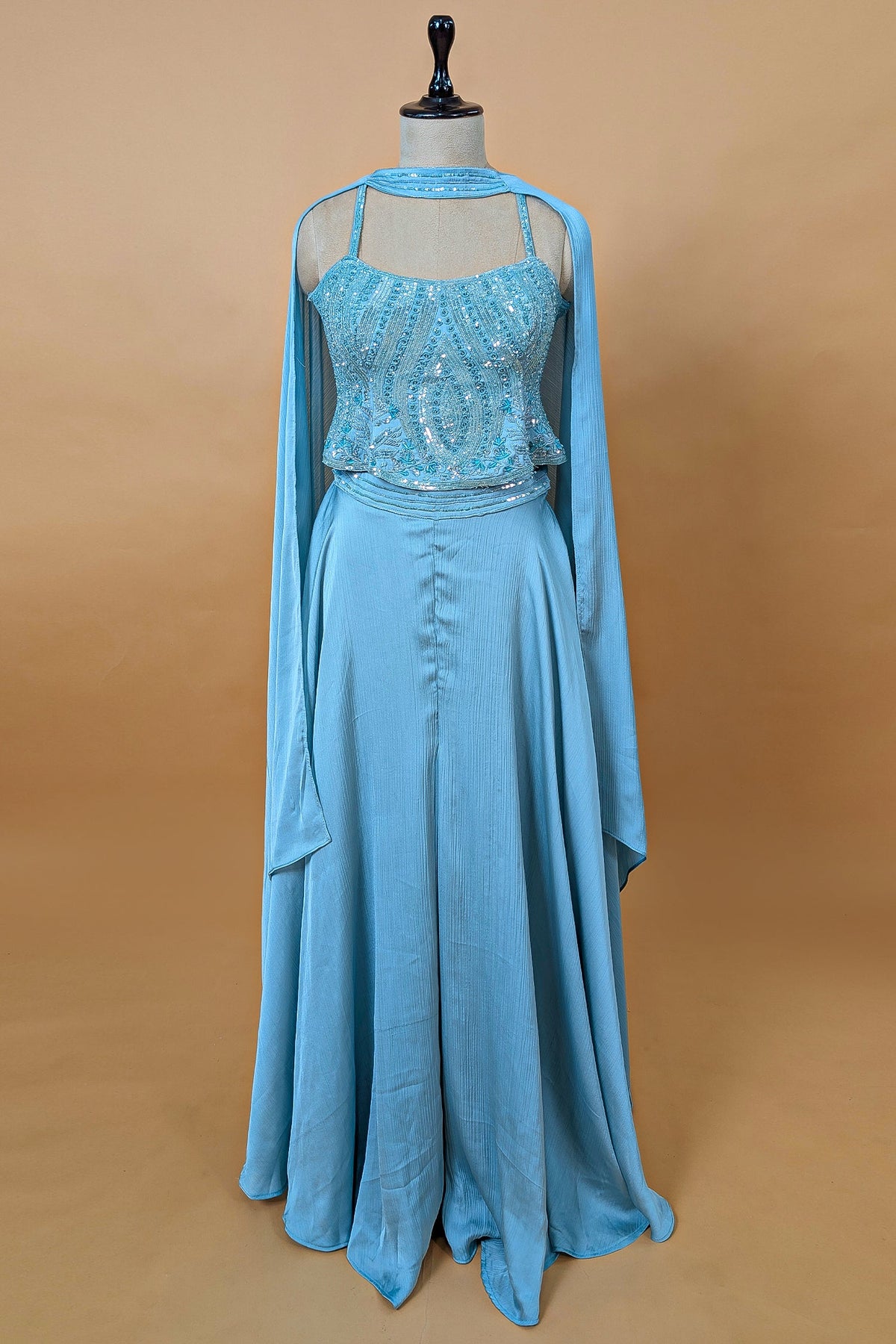 Blue Chinon Sequinned Peplum Style Crop Top Palazzo Set - blue saree
