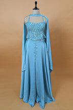Blue Chinon Sequinned Peplum Style Crop Top Palazzo Set - blue saree