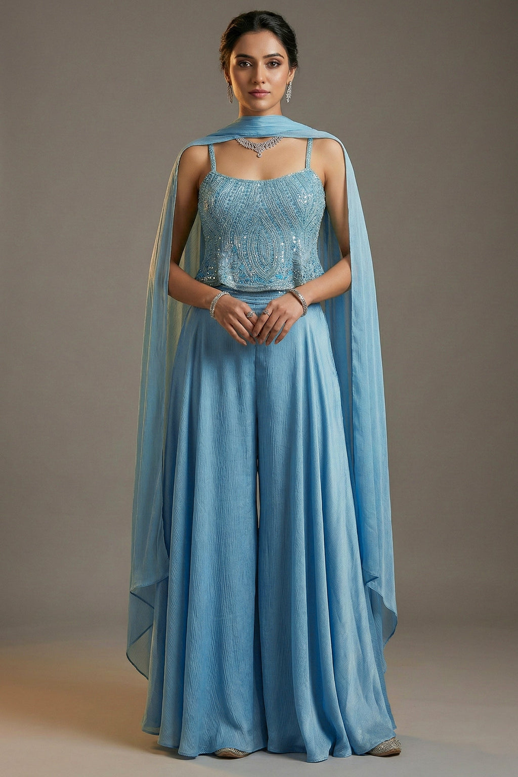 Blue Chinon Sequinned Peplum Style Crop Top Palazzo Set - blue saree