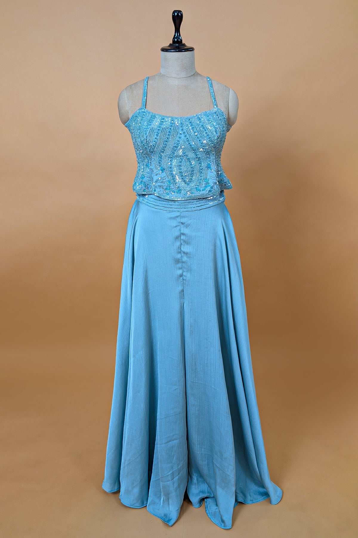 Blue Chinon Sequinned Peplum Style Crop Top Palazzo Set - blue saree