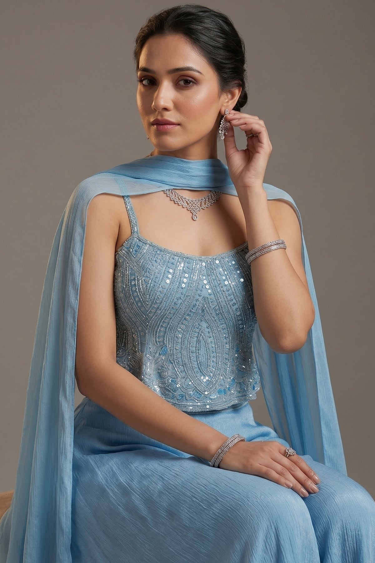 Blue Chinon Sequinned Peplum Style Crop Top Palazzo Set - blue saree