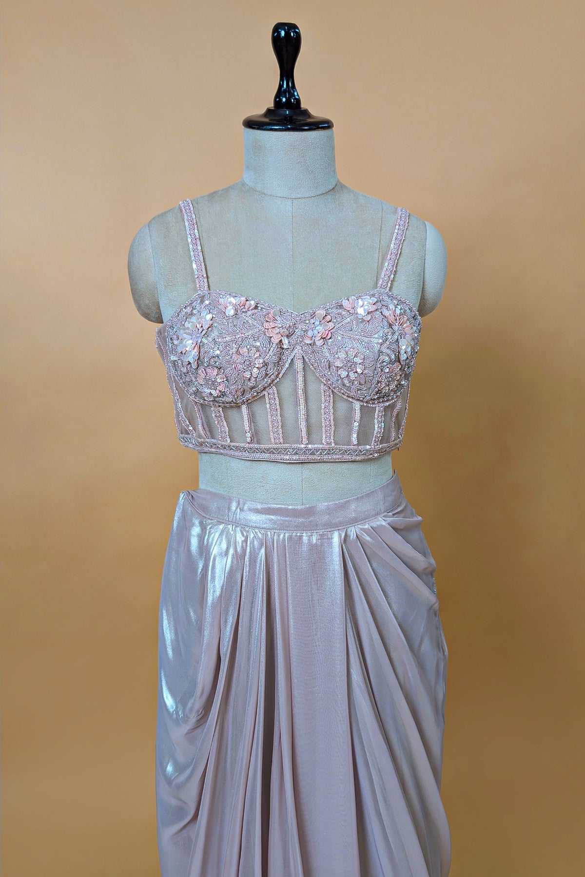 Pink Net Beaded and Sequin Worked Corset Skirt Set with Cape Jacket - pink net saree