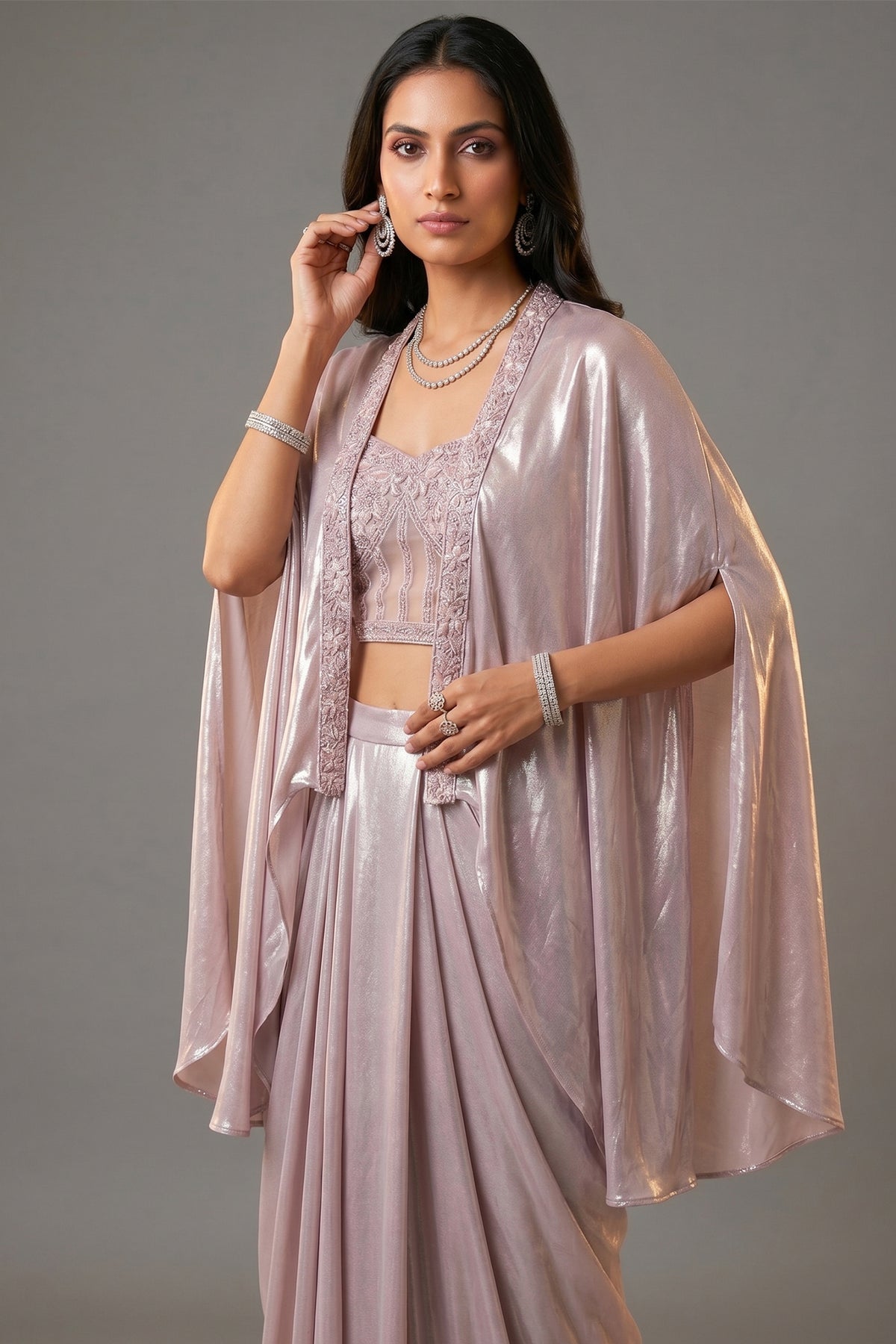 Pink Net Beaded and Sequin Worked Corset Skirt Set with Cape Jacket - pink net saree