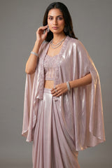 Pink Net Beaded and Sequin Worked Corset Skirt Set with Cape Jacket - pink net saree