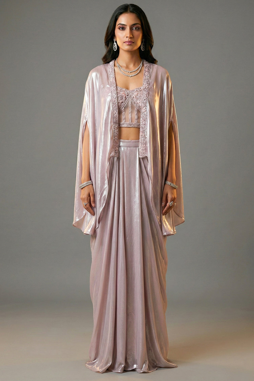 Pink Net Beaded and Sequin Worked Corset Skirt Set with Cape Jacket - pink net saree