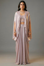 Pink Net Beaded and Sequin Worked Corset Skirt Set with Cape Jacket - pink net saree