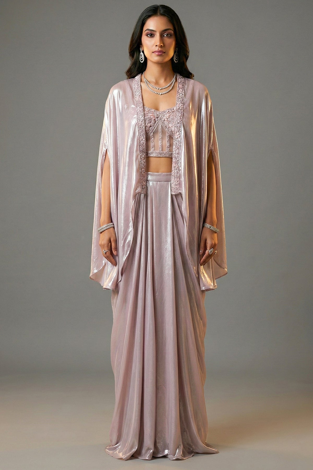 Pink Net Beaded and Sequin Worked Corset Skirt Set with Cape Jacket