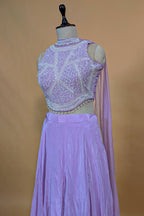 Lilac Crepe Silk Beaded and Sequin Worked Crop Top Palazzo Set - silk saree