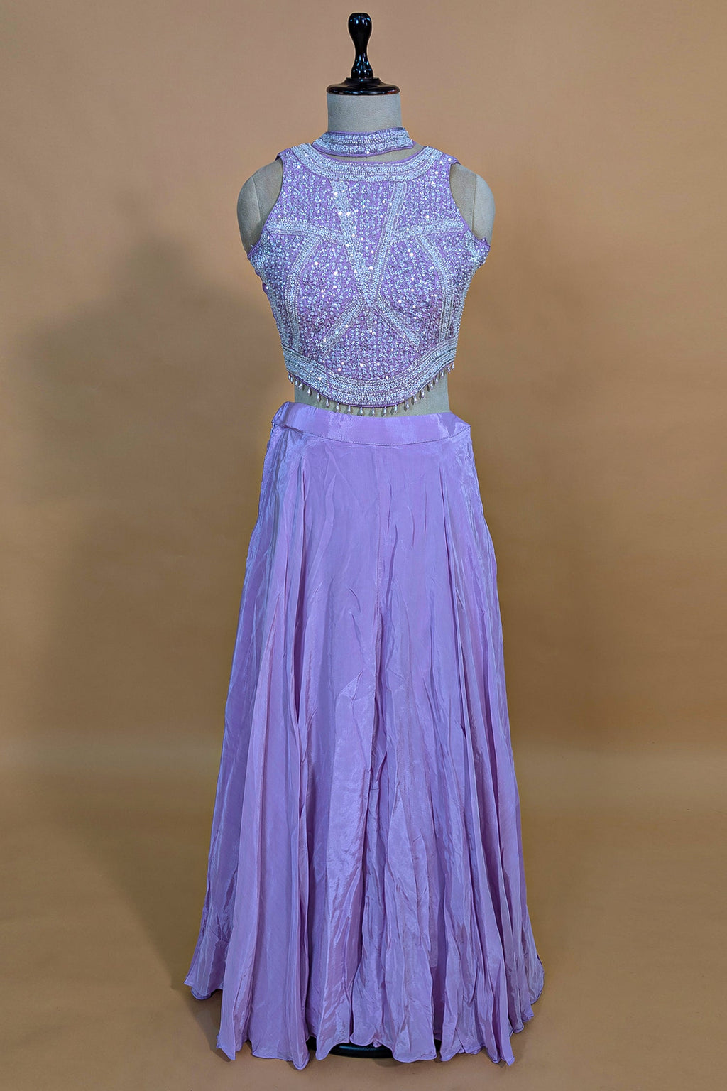 Lilac Crepe Silk Beaded and Sequin Worked Crop Top Palazzo Set - silk saree