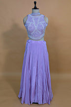 Lilac Crepe Silk Beaded and Sequin Worked Crop Top Palazzo Set - silk saree