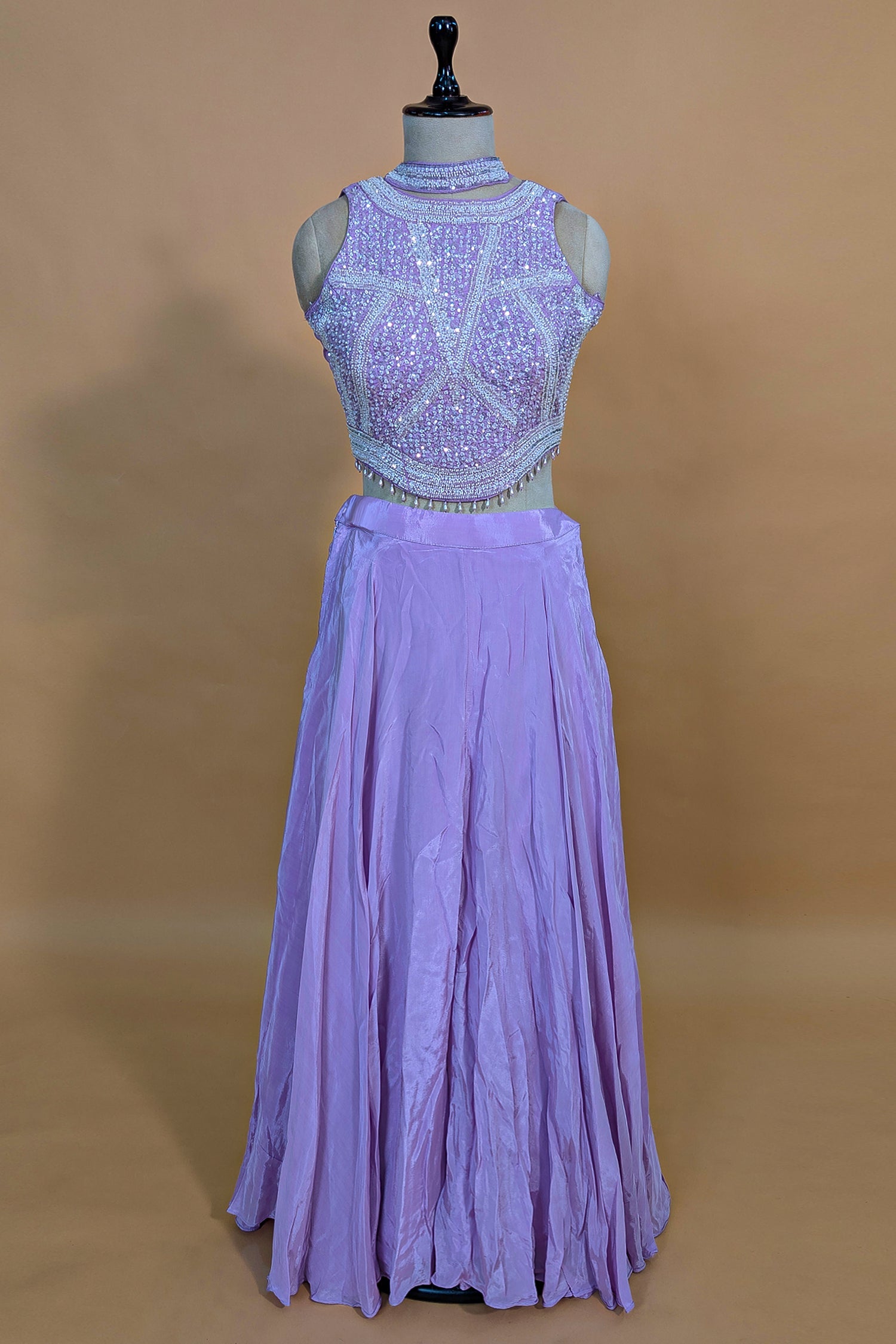 Lilac Crepe Silk Beaded and Sequin Worked Crop Top Palazzo Set - silk saree
