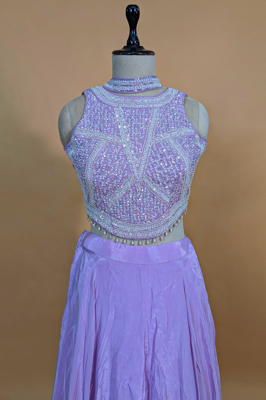 Lilac Crepe Silk Beaded and Sequin Worked Crop Top Palazzo Set - silk saree